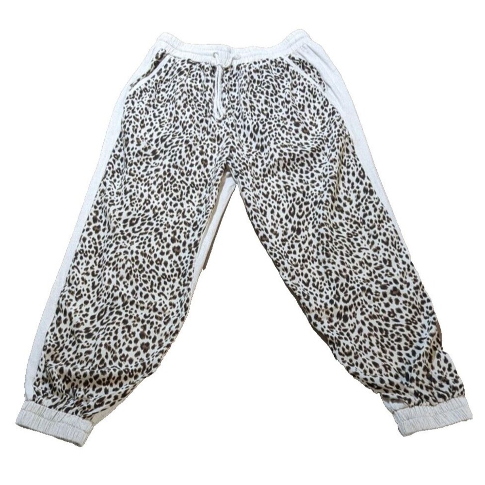 Umgee USA Oatmeal Leopard Print Elastic Waist Drawstring Jogger Pant Size Small
